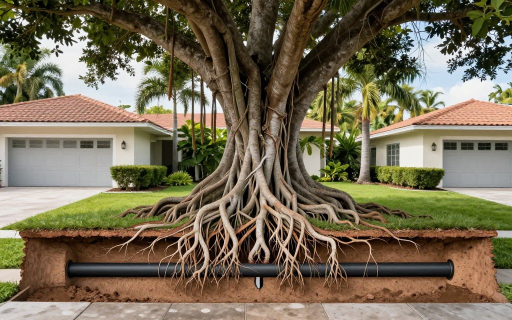 Banyan tree roots invading sewer line in Coral Gables neighborhood