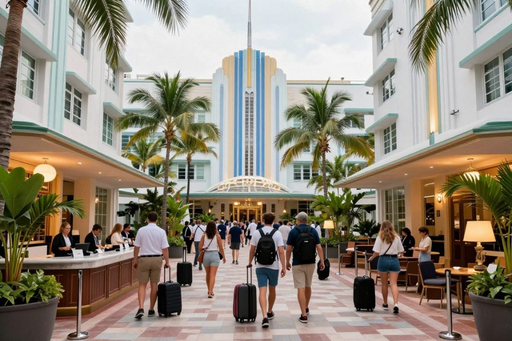 Busy Miami Beach hotel lobby during tourist season