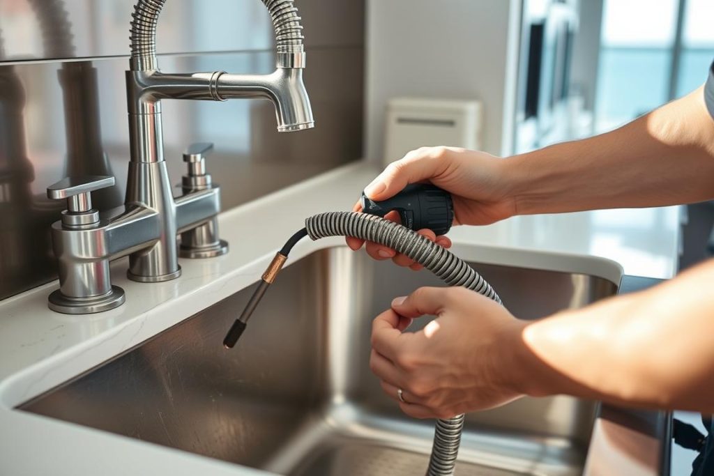 Clogged drain being cleaned in Miami Beach condo kitchen