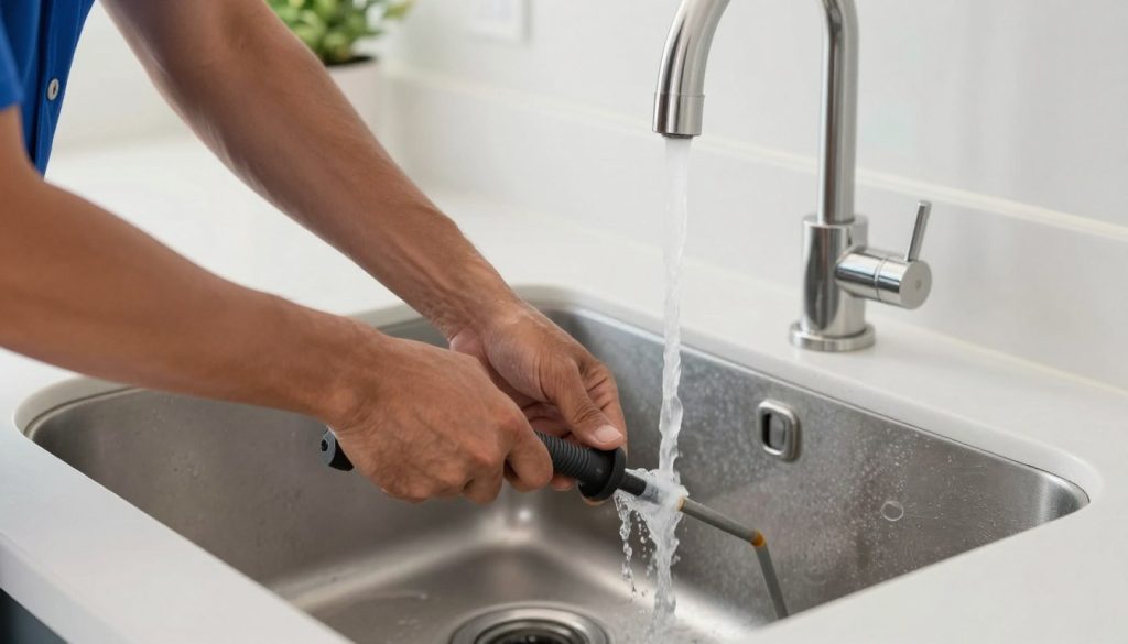 Clogged drain being professionally cleaned in a Coral Gables residential kitchen
