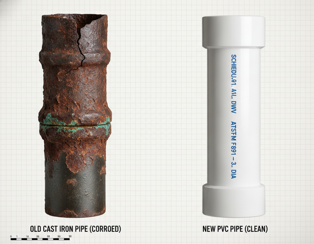 Close-up comparison of corroded metal drain pipe versus clean modern PVC pipe showing humidity damage effects