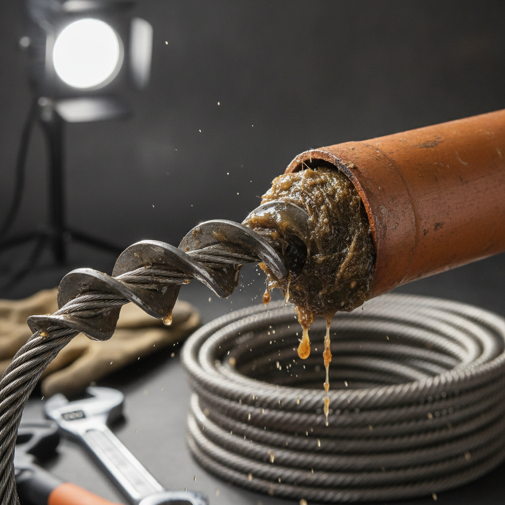 Close-up of professional drain snake cable cleaning equipment removing clog from pipe Close-up of professional drain snake cable cleaning equipment removing clog from pipe