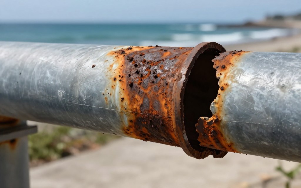 Corroded drain pipe from salt air exposure in Miami Beach oceanfront property