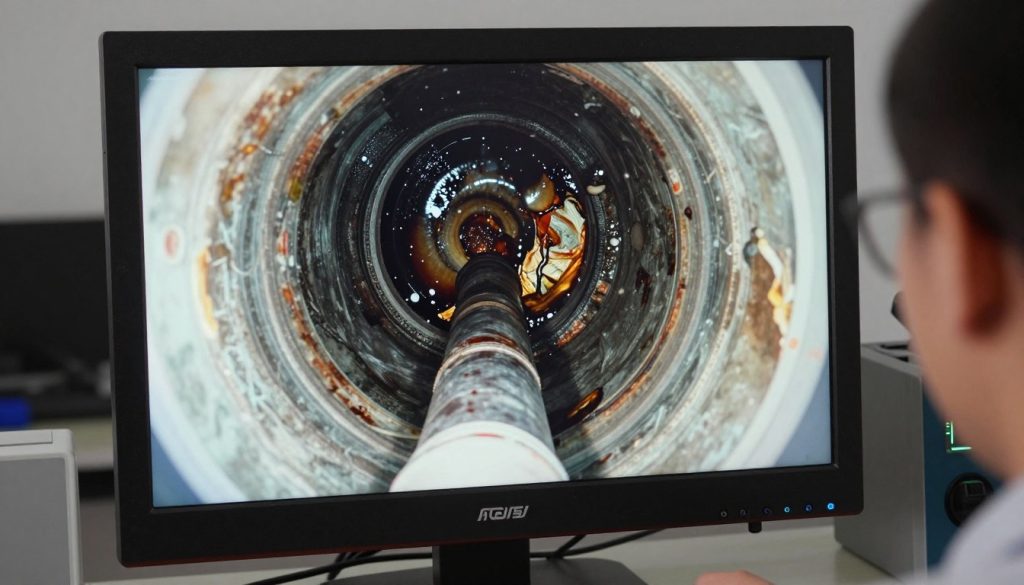 Drain camera inspection monitor showing interior pipe conditions