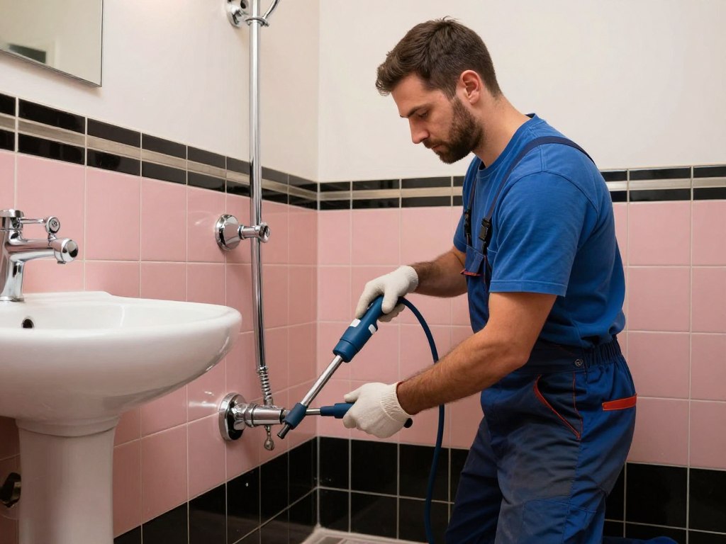 Drain cleaning technician carefully working on historic Art Deco building plumbing