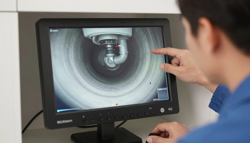 Drain cleaning technician using video camera inspection equipment in Hialeah home