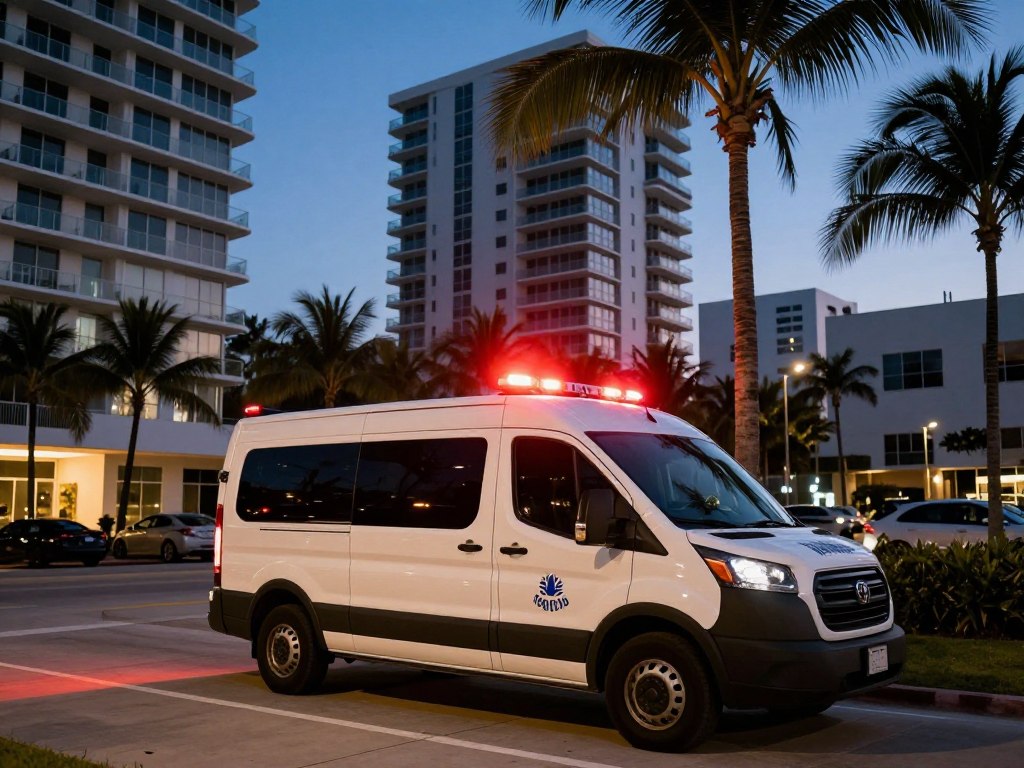 Emergency drain cleaning Miami Beach FL van arriving at oceanfront condo building at night
