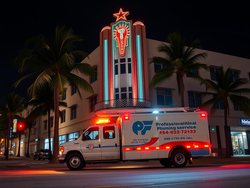 Emergency drain cleaning service truck arriving at Miami Beach property at night