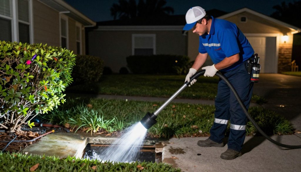 Emergency drain cleaning technician responding to nighttime call in Hialeah