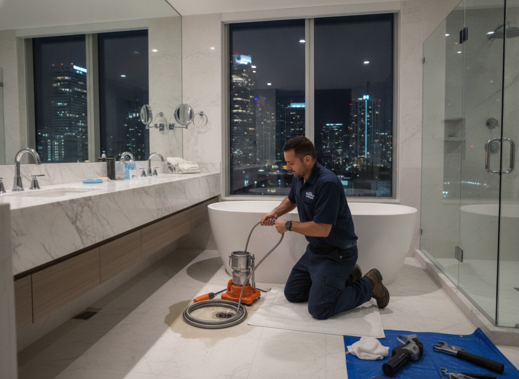 Emergency drain cleaning technician working on clogged drain in Brickell Miami luxury condo bathroom at night