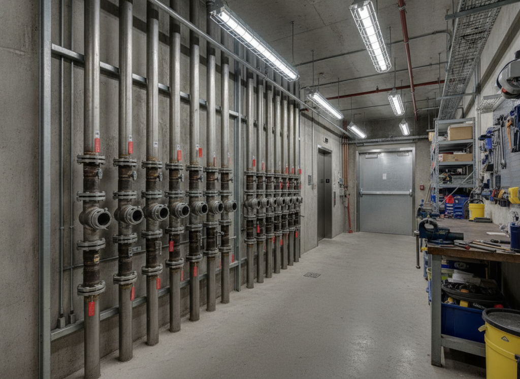 Exposed drain pipes and plumbing infrastructure inside high-rise condo building maintenance area