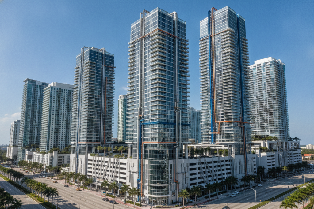 Exterior view of multiple luxury high-rise condominium towers in Brickell Miami skyline showing vertical drain systems