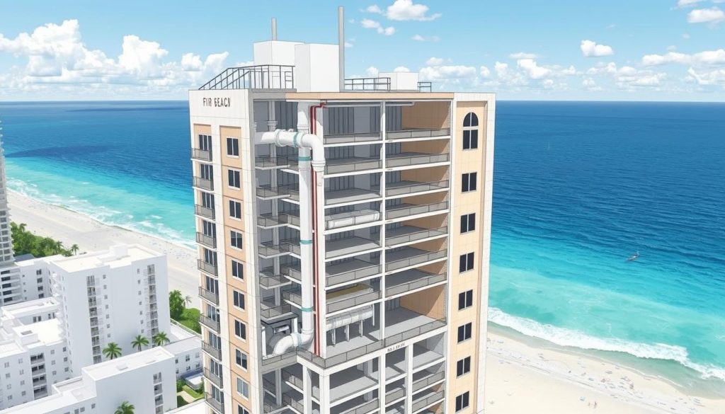High-rise condo plumbing system diagram showing drain stacks in Miami Beach