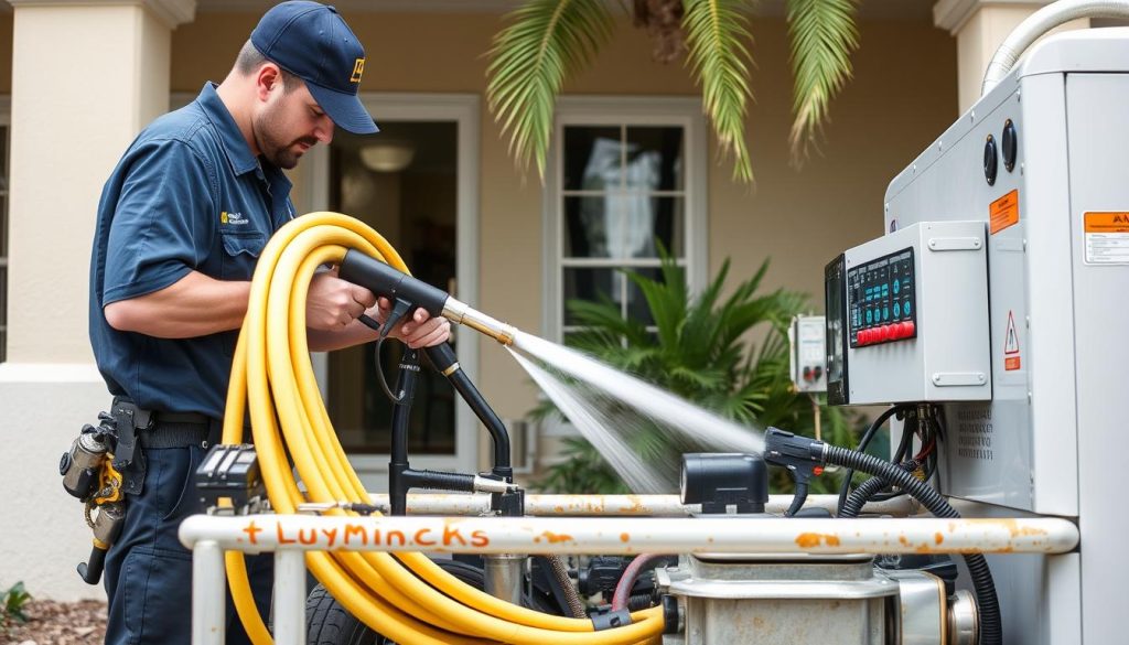 Hydro jetting equipment being used for drain cleaning in Miami Beach Hydro jetting equipment being used for drain cleaning in Miami Beach