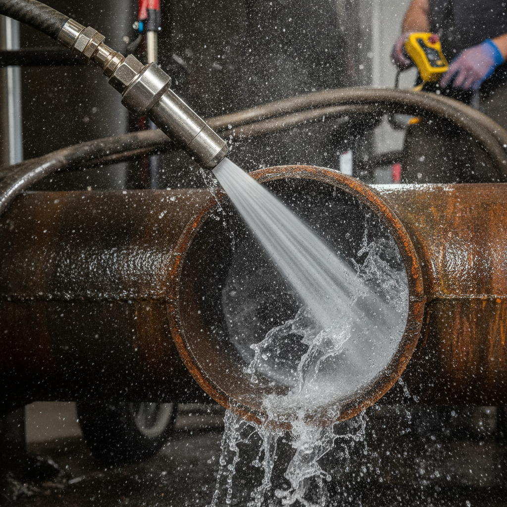 Hydro-jetting equipment spraying high-pressure water to clean drain pipe interior walls Hydro-jetting equipment spraying high-pressure water to clean drain pipe interior walls