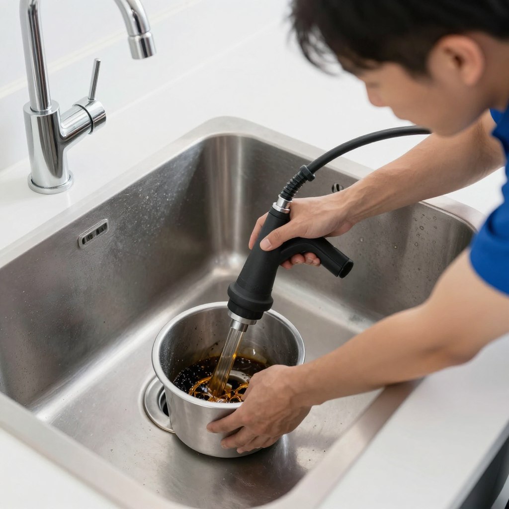 Kitchen drain cleaning service removing grease buildup in Coral Gables home