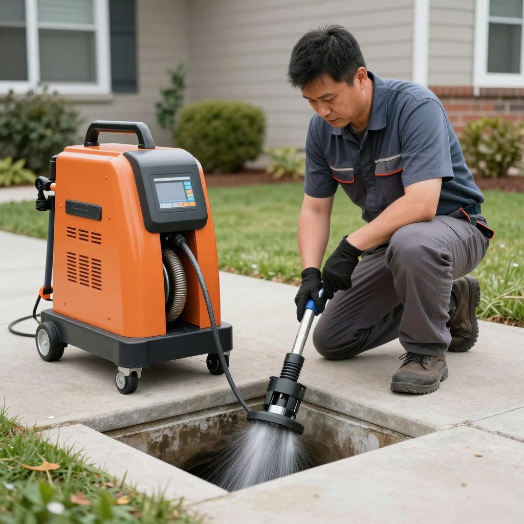 Main sewer line cleaning with professional equipment