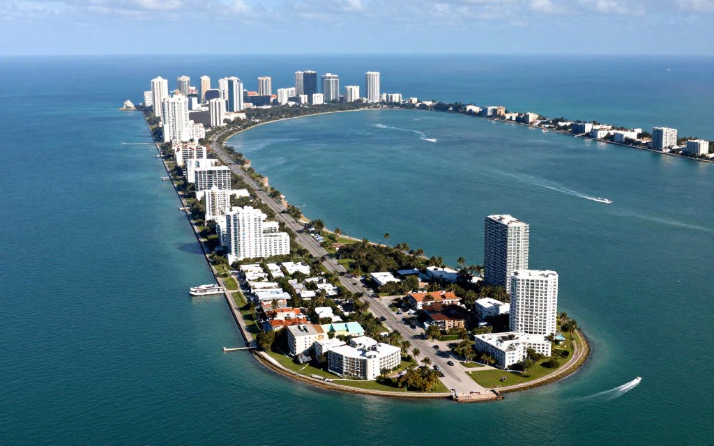 Miami Beach barrier island aerial view showing ocean proximity to properties