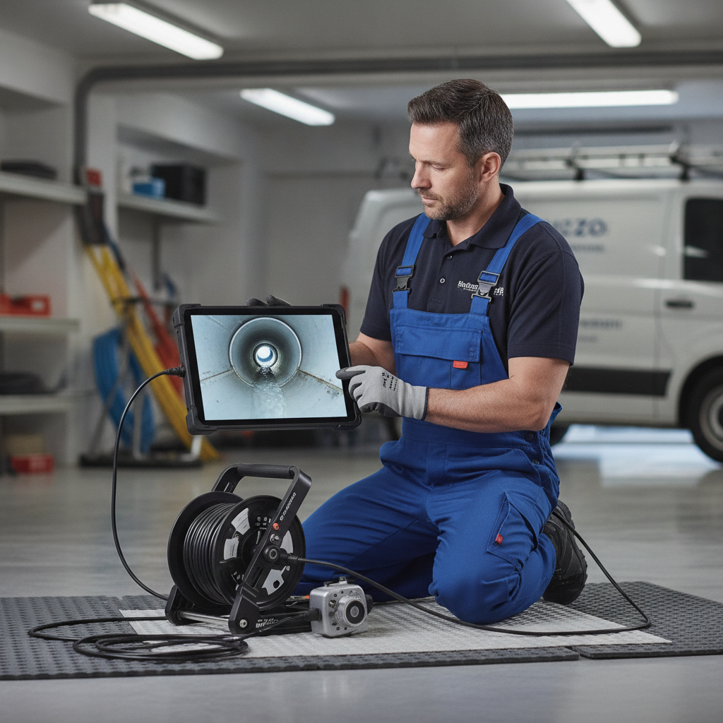 Plumber viewing drain pipe camera inspection video feed on monitor showing pipe interior condition Plumber viewing drain pipe camera inspection video feed on monitor showing pipe interior condition