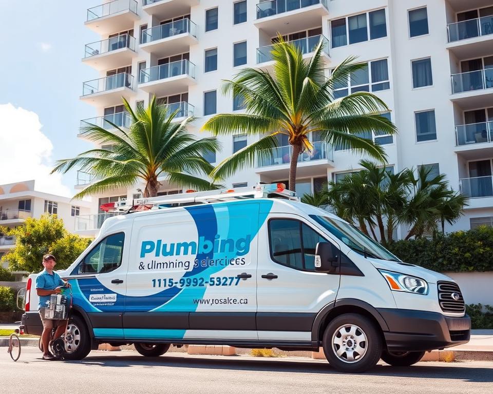 Plumbing service van arriving for same-day drain cleaning in Miami Beach