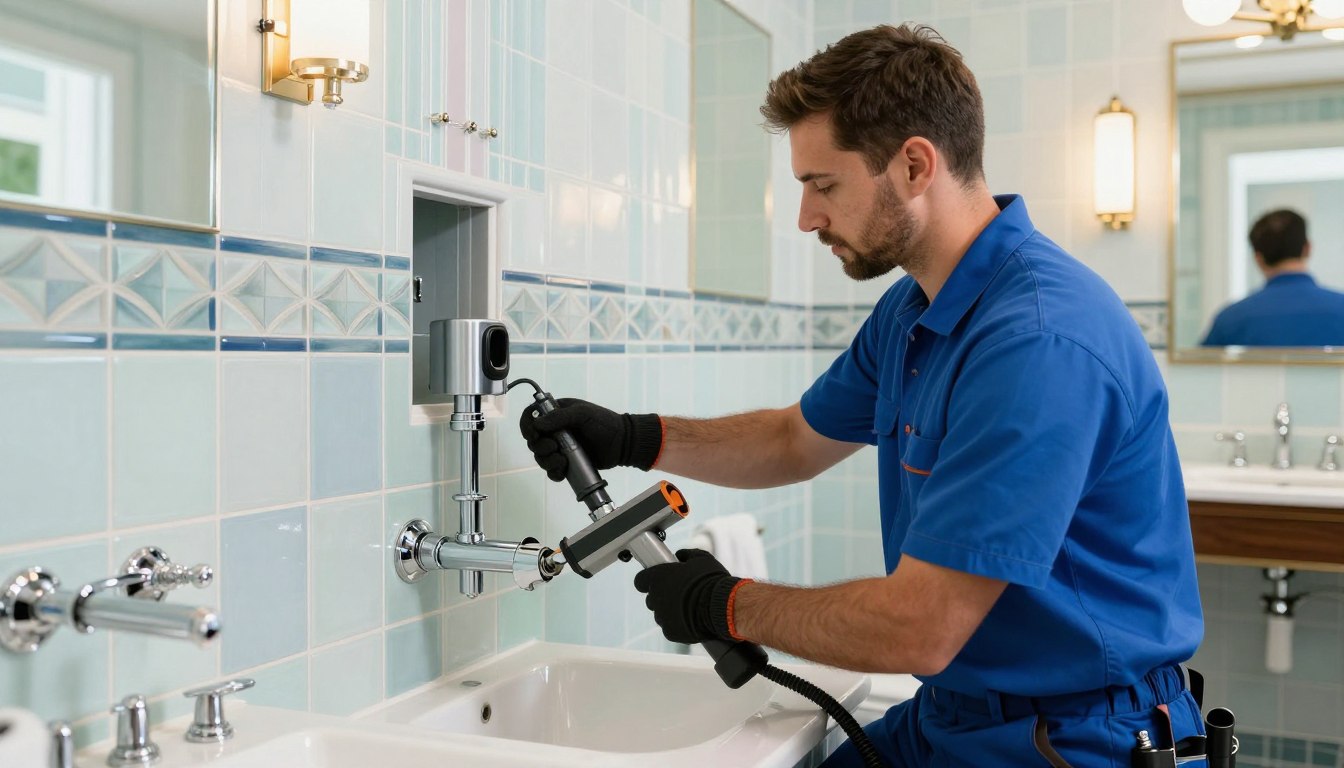 Professional drain cleaning Miami Beach FL technician working on clogged drain in Art Deco building