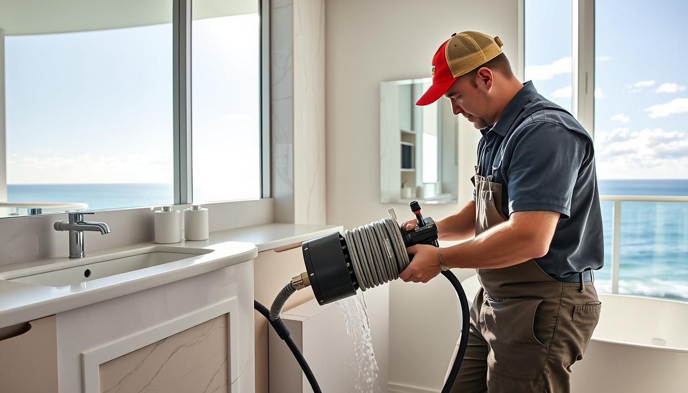 Professional drain cleaning equipment being used in Miami Beach residential property
