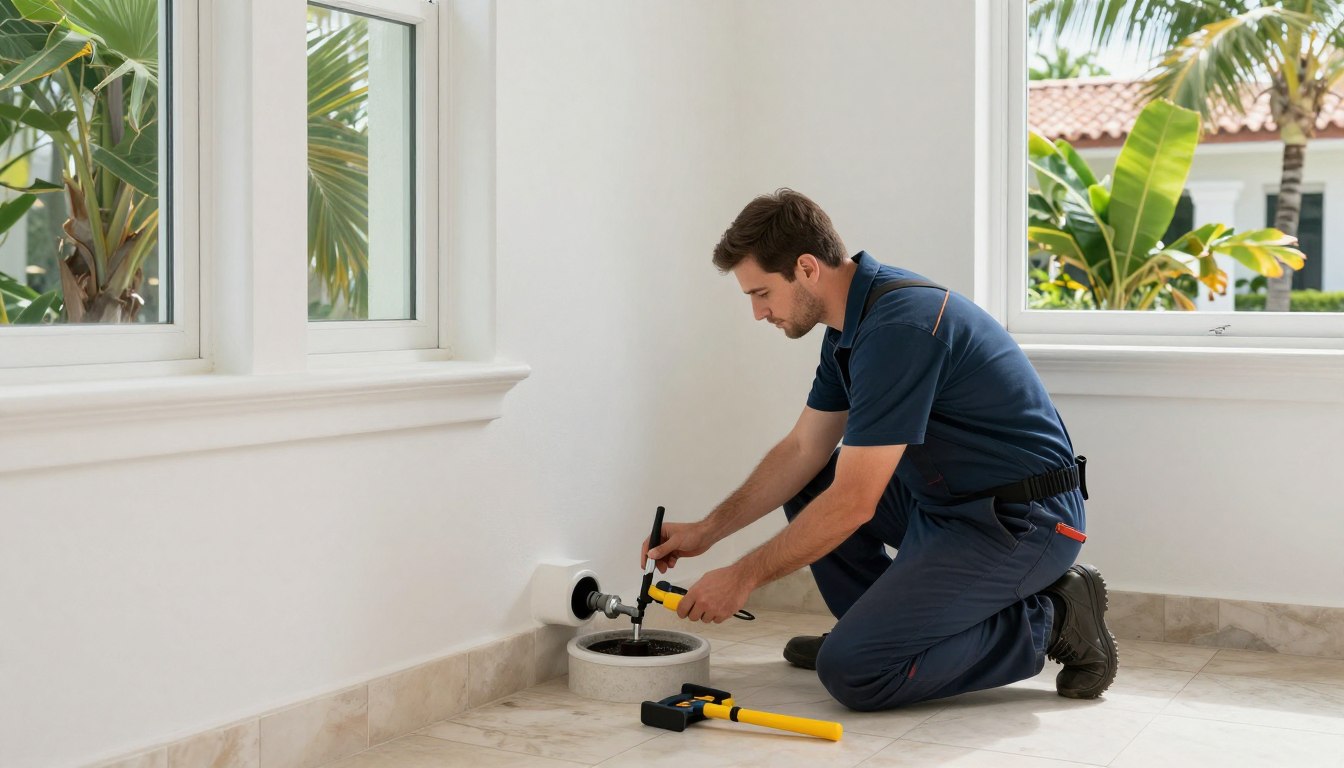 Professional drain cleaning service in Coral Gables FL with technician inspecting residential drain system