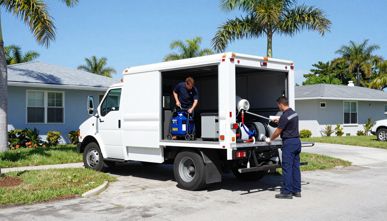 Professional drain cleaning service truck arriving at Hialeah home