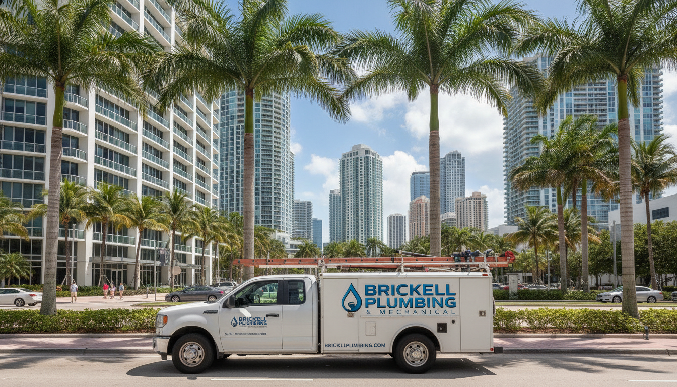 Professional drain cleaning service truck parked in front of luxury Brickell Miami high-rise condominium building