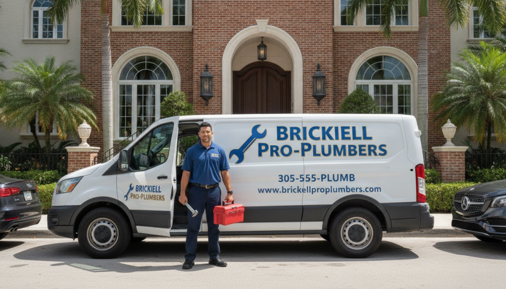 Professional drain cleaning service van arriving at Brickell Miami residence for same-day emergency service appointment