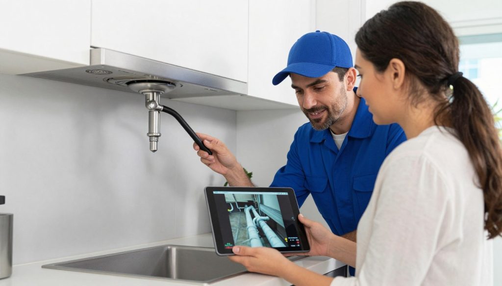 Professional drain cleaning technician meeting with Miami Beach property owner