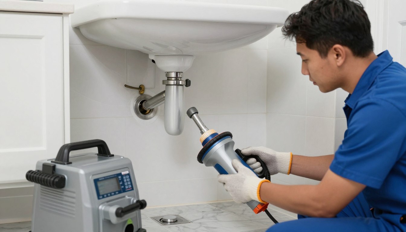 Professional drain cleaning technician working on residential plumbing in Hialeah FL