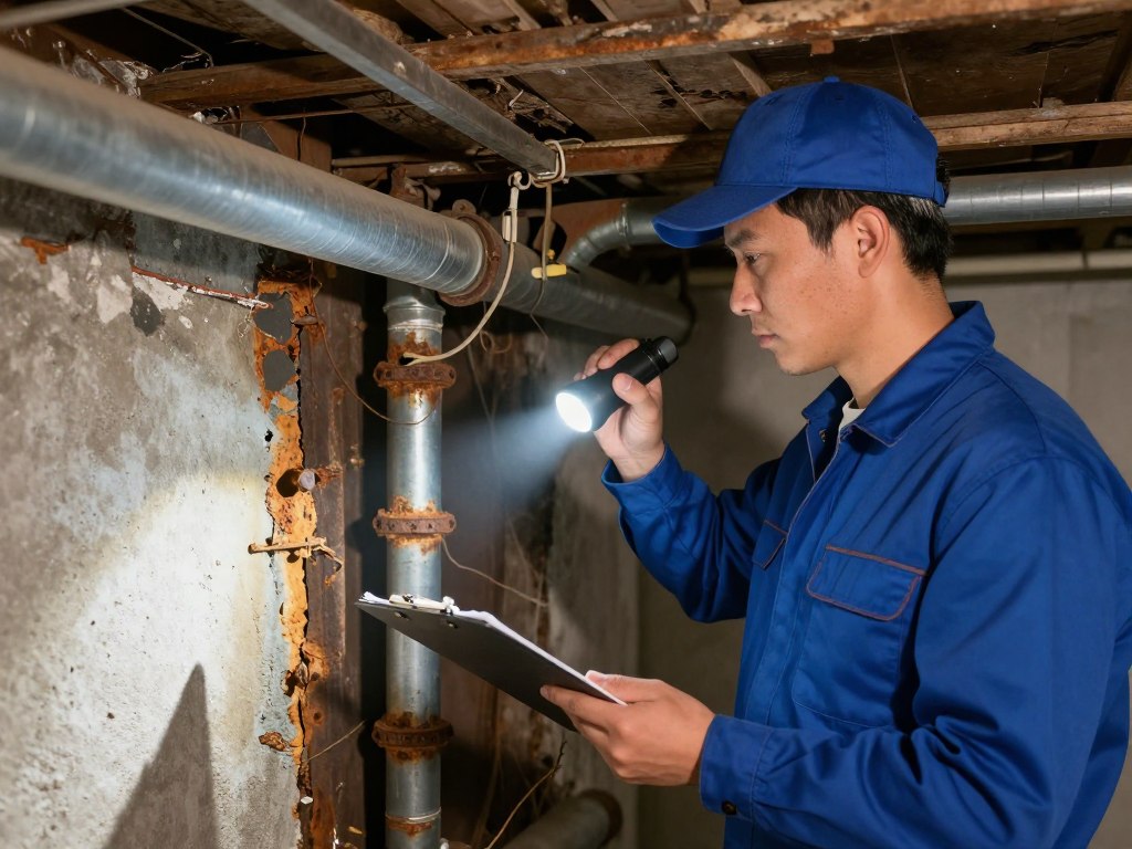Professional inspection of salt-damaged drain pipes in Miami Beach home