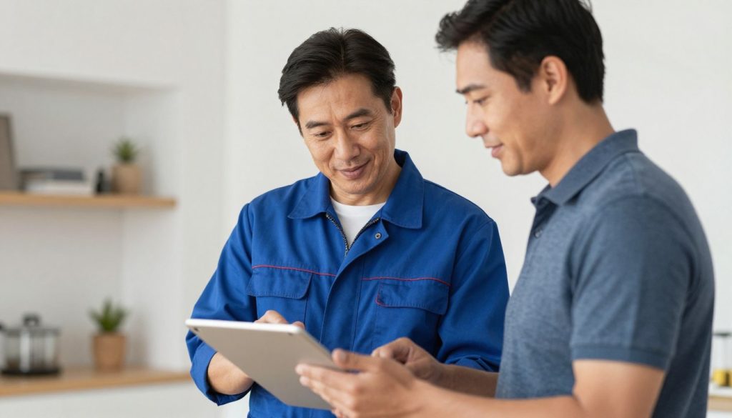 Professional plumber discussing drain cleaning service options with Hialeah homeowner