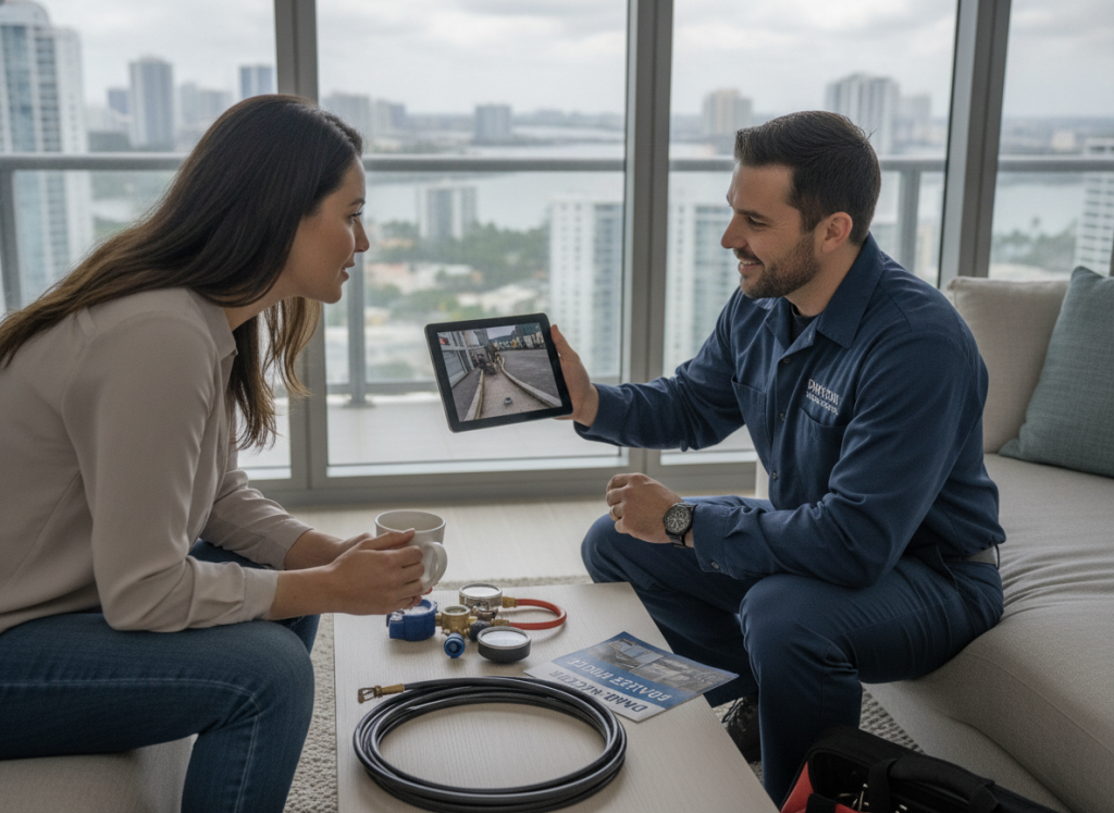 Professional plumber explaining drain cleaning service options to Brickell condo resident using diagnostic equipment