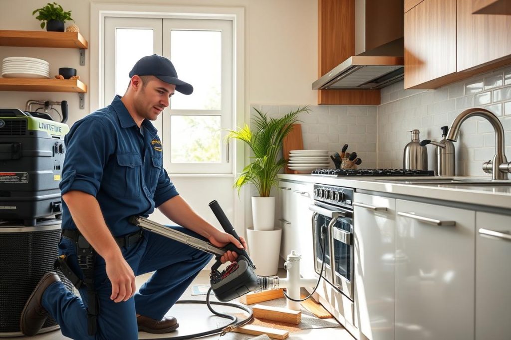 Professional plumber performing drain cleaning service in Miami Beach home Professional plumber performing drain cleaning service in Miami Beach home