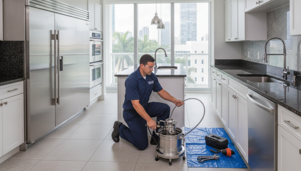 Professional plumber performing drain cleaning service in modern Brickell Miami condo kitchen with luxury finishes