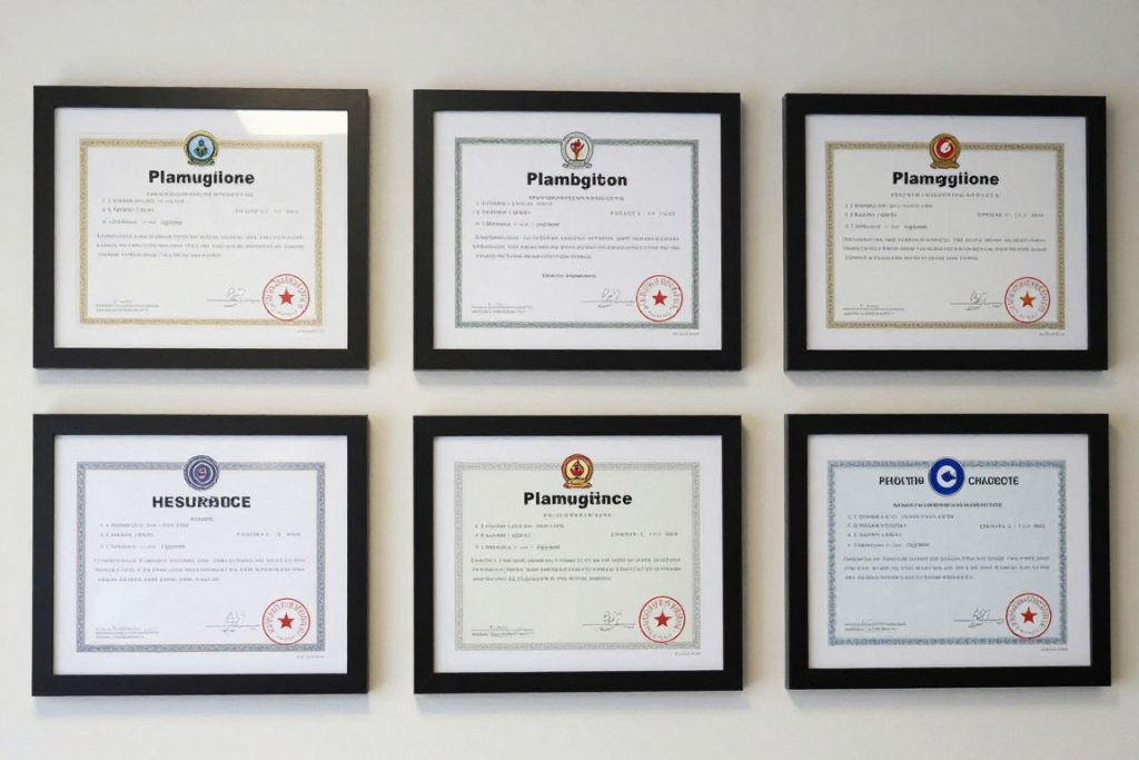 Professional plumbing licenses and certifications displayed