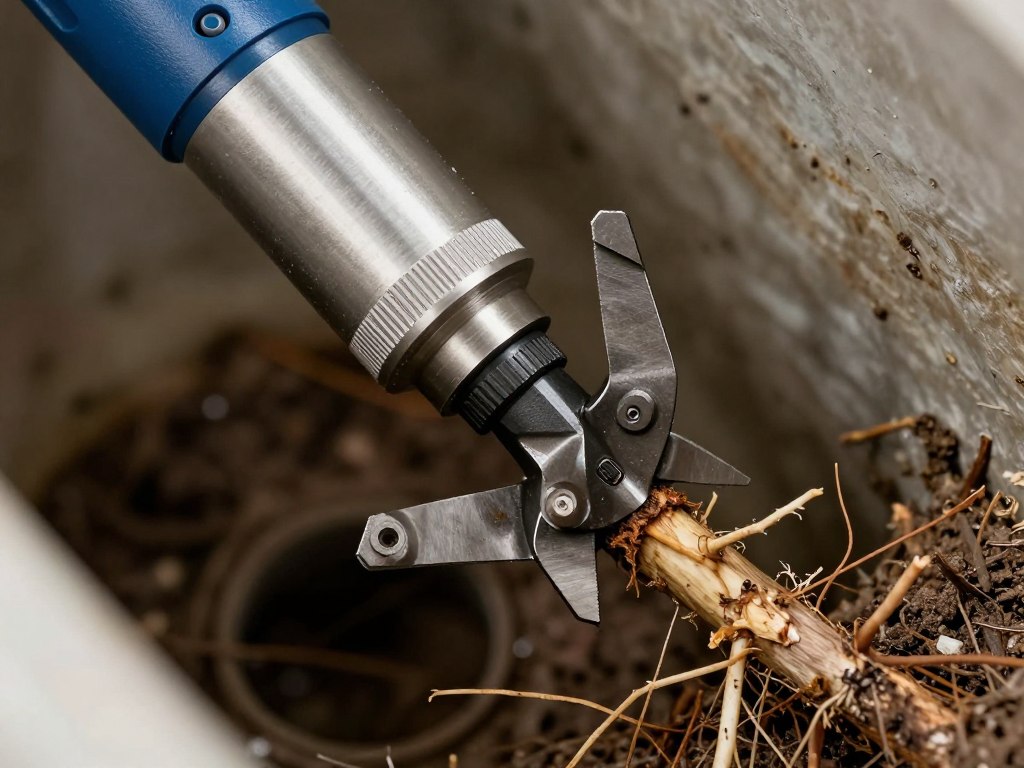 Root cutting attachment removing tree roots from drain line
