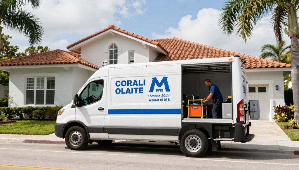 Same day drain cleaning service truck arriving at Coral Gables home