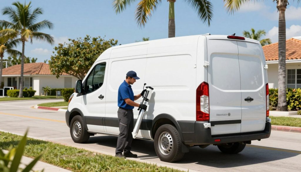 Same day drain cleaning service van in Miami Beach residential neighborhood