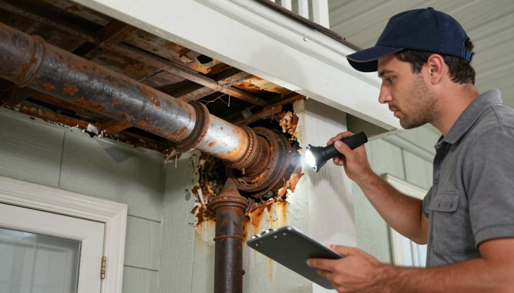 Technician inspecting aging drain system in 1960s Hialeah home