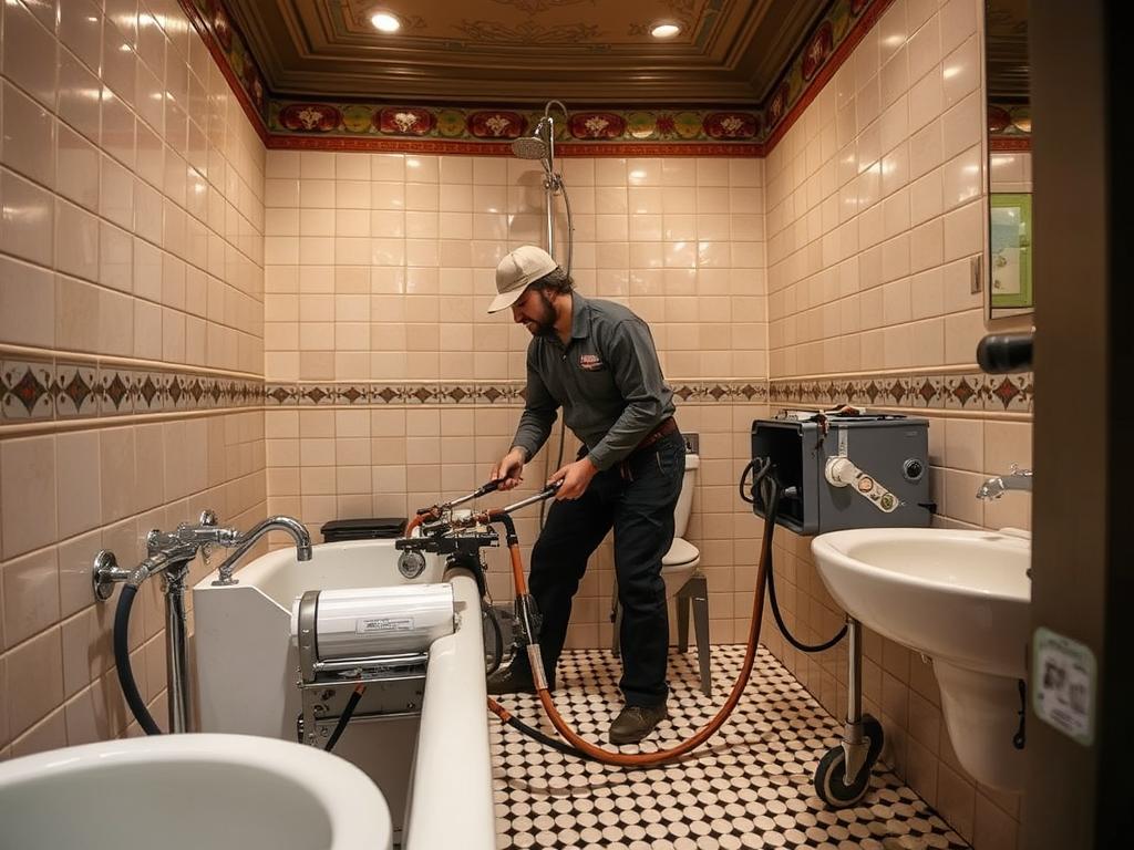 Trenchless pipe lining equipment being used in Art Deco building in Miami Beach