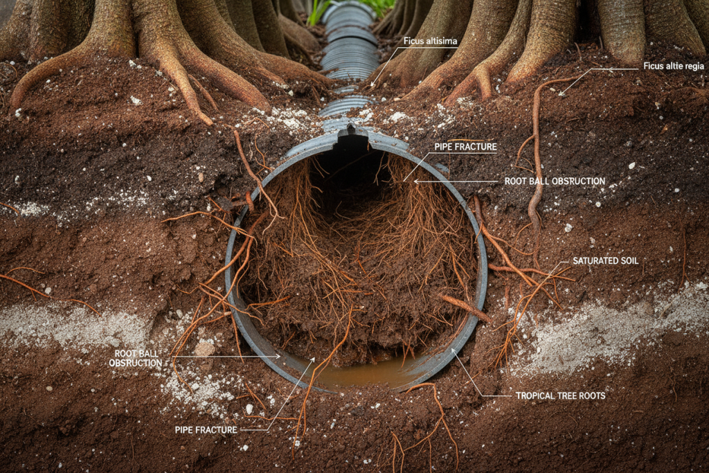 Tropical tree roots invading and blocking underground drain pipe in Miami soil