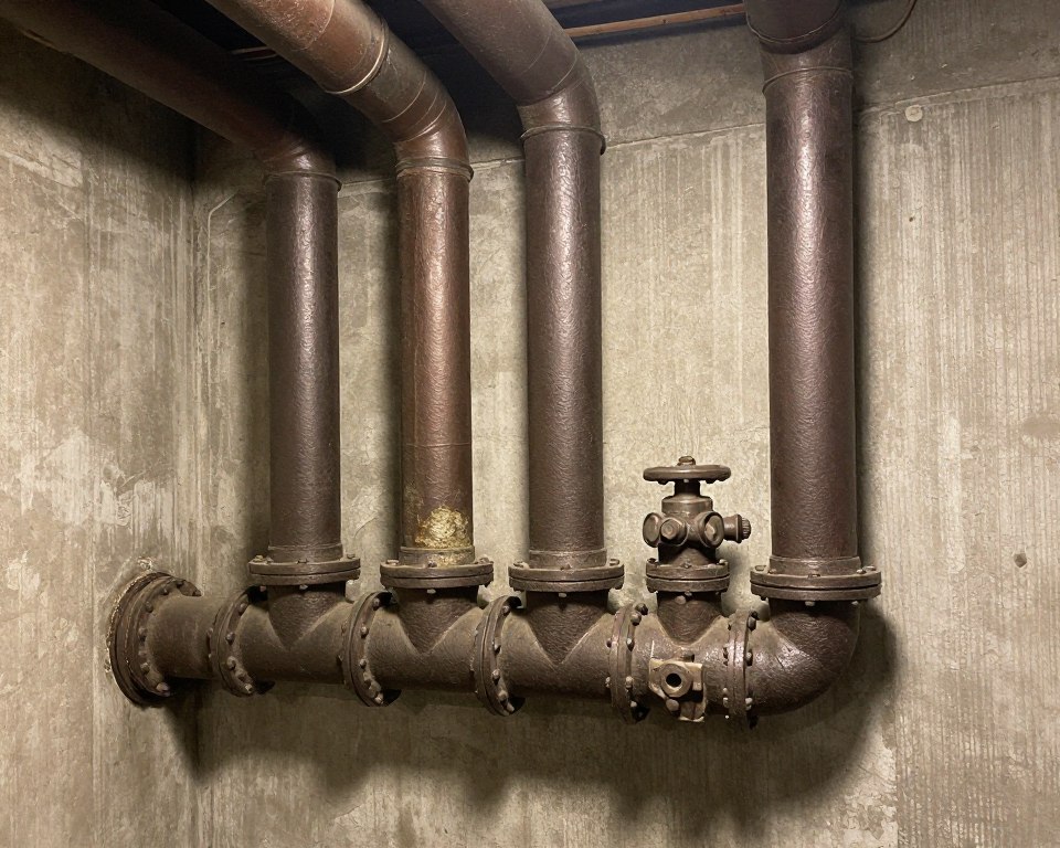 Vintage cast iron drain pipes in Art Deco building showing age and corrosion